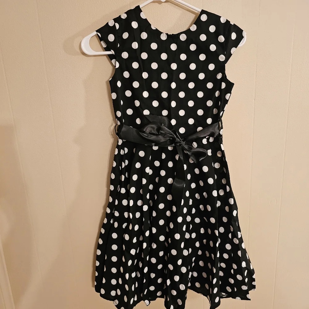 Black and White Polka Dot XL Girls Belted Swing Dress